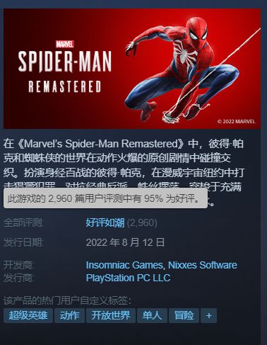 《漫威蜘蛛侠复刻版》Steam好评如潮 爱你！索尼