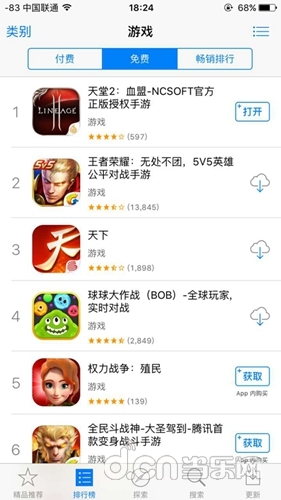 《天堂2》手游登顶iOS免费游戏榜首 顶级画面不负期待