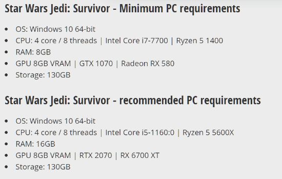 《星战绝地：幸存者》PC配置泄露 最低需GTX1070