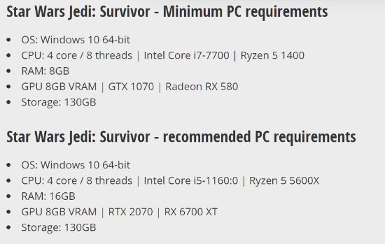 《星战绝地：幸存者》PC配置泄露 ;最低需GTX1070