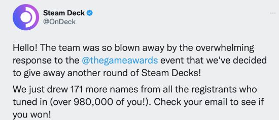 V社大气！171台Steam ;Deck掌机免费送